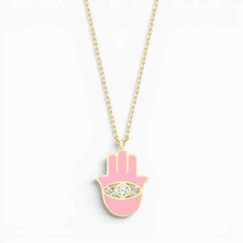 Gold plated hamsa necklace with pink enamel and pave-set sparkle by Alef Bet