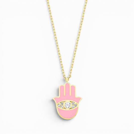 Gold plated hamsa necklace with pink enamel and pave-set sparkle by Alef Bet