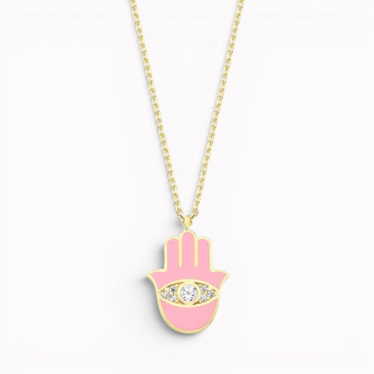 Gold Hamsa Necklace with Pink Enamel and CZ Sparkle