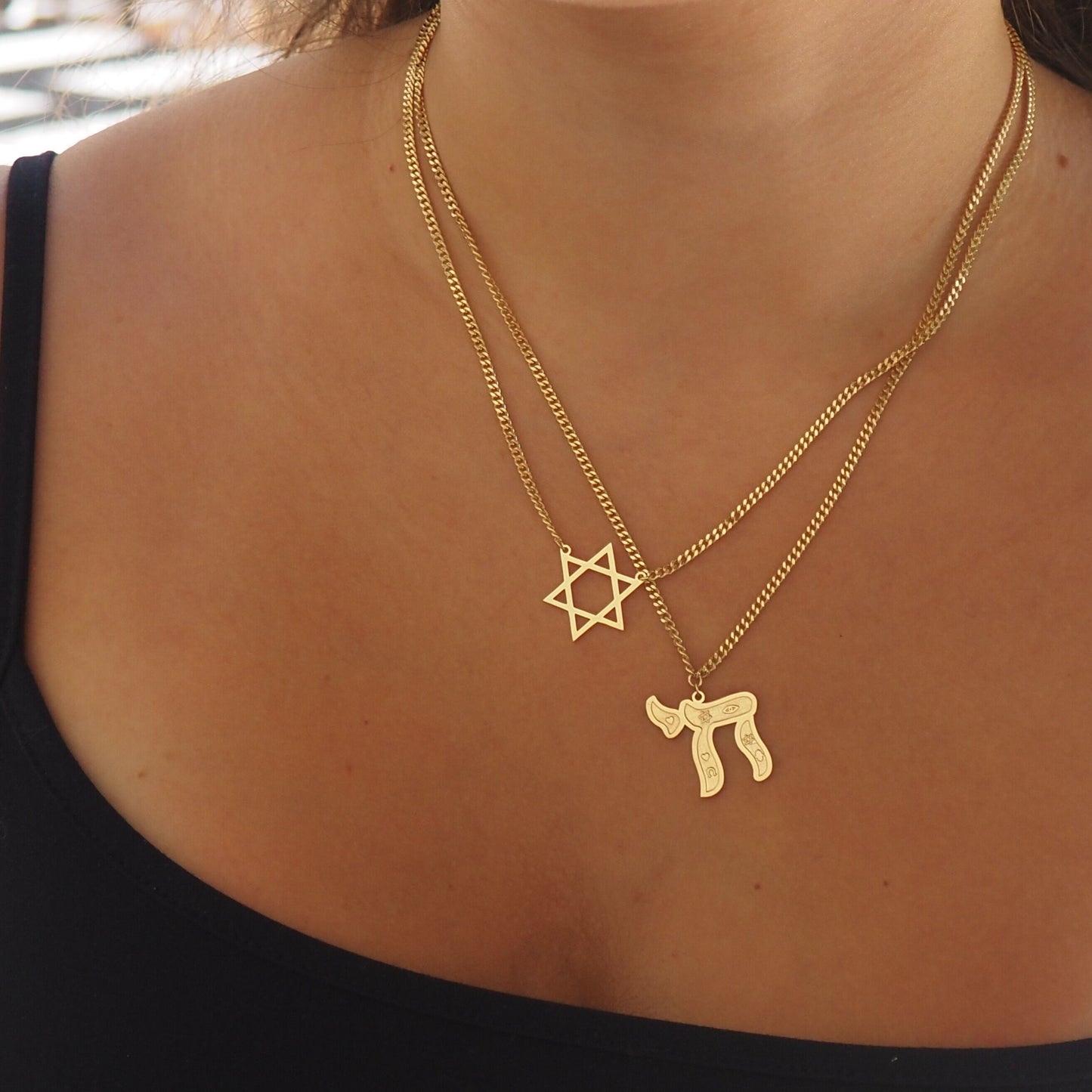 Hebrew Chai life necklace in gold plate with high-polish engraved motifs on heavy chain by Alef Bet