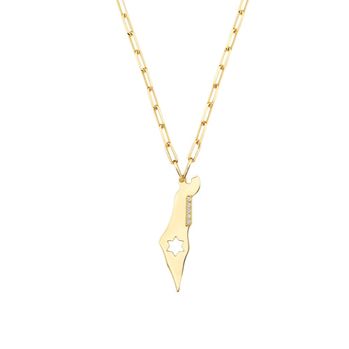 Israel map and star charm necklace in 14K gold with paperclip chain by Alef Bet