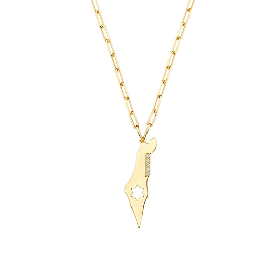 Israel map and star charm necklace in 14K gold with paperclip chain by Alef Bet