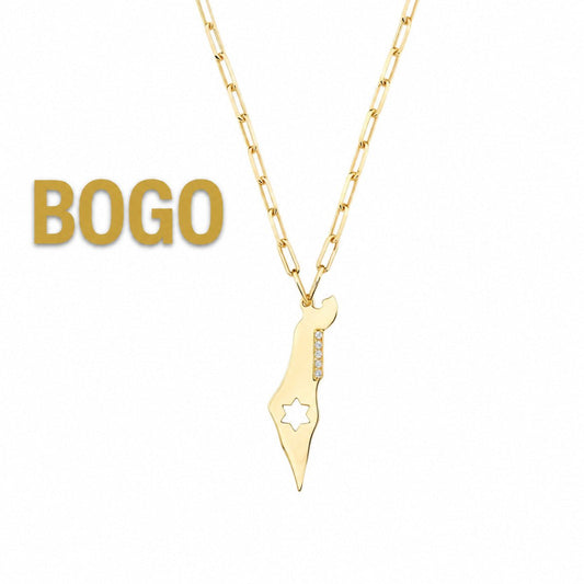 Gold Israel Map and Star of David Necklace on Paperclip Chain