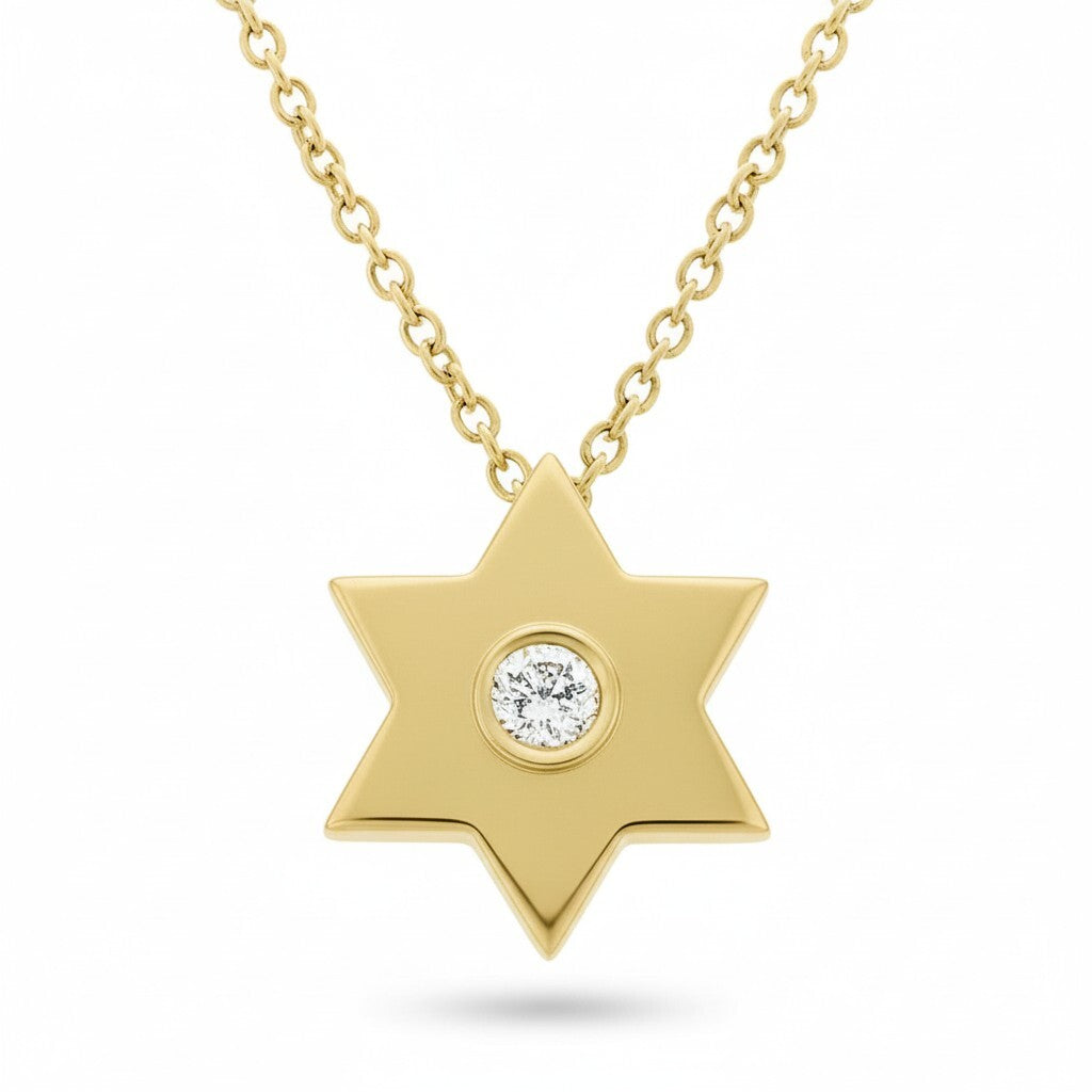 Gold Jewish Star Necklace with Single Diamond