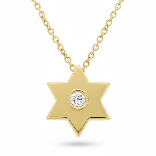 Gold Jewish Star Necklace with Single Diamond
