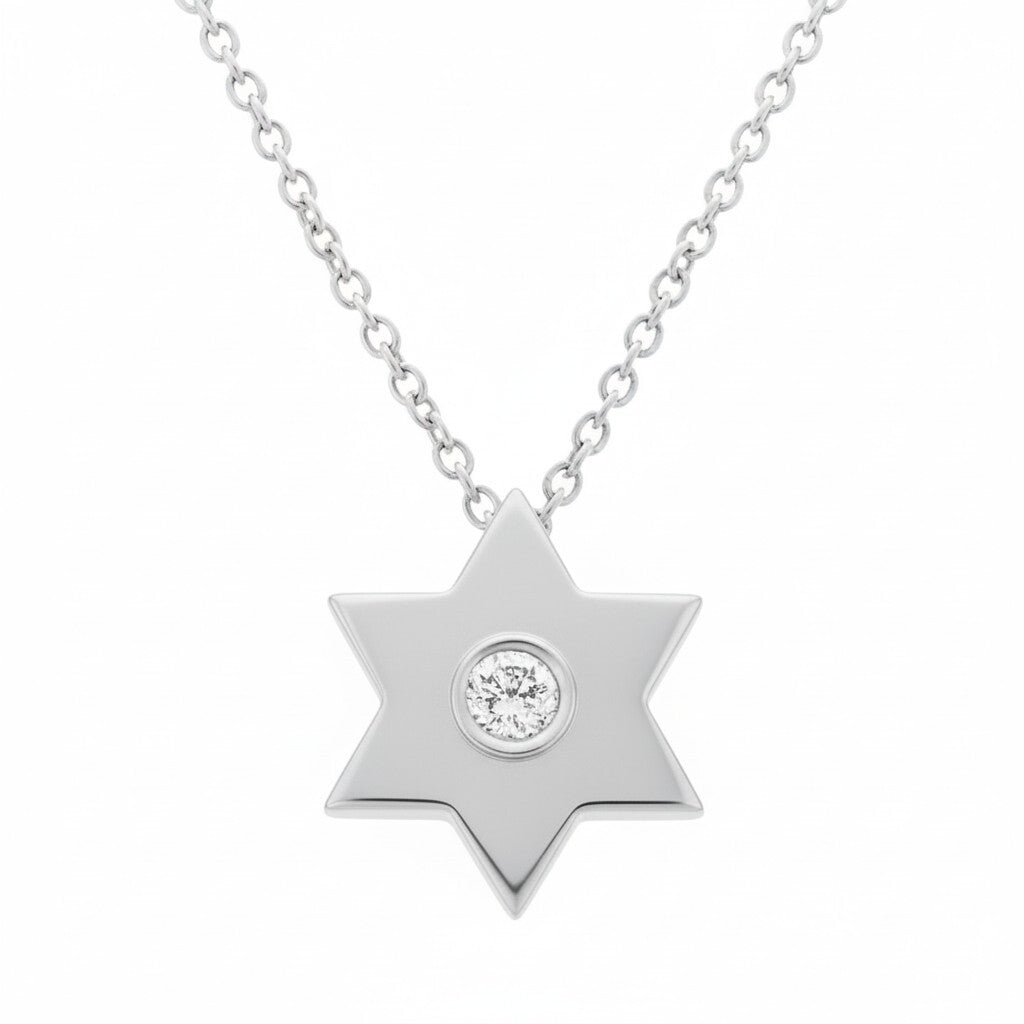 Gold Jewish Star Necklace with Single Diamond