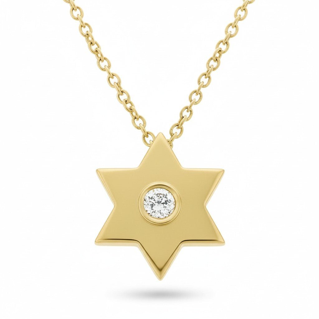 Gold Jewish Star Necklace with Single Diamond