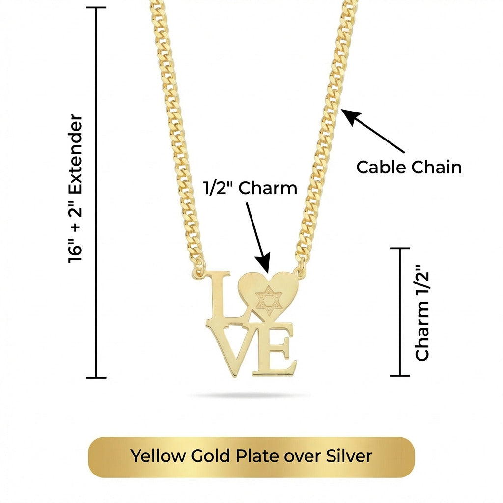 English love statement necklace in gold plated with dual heart-Star of David charm by Alef Bet