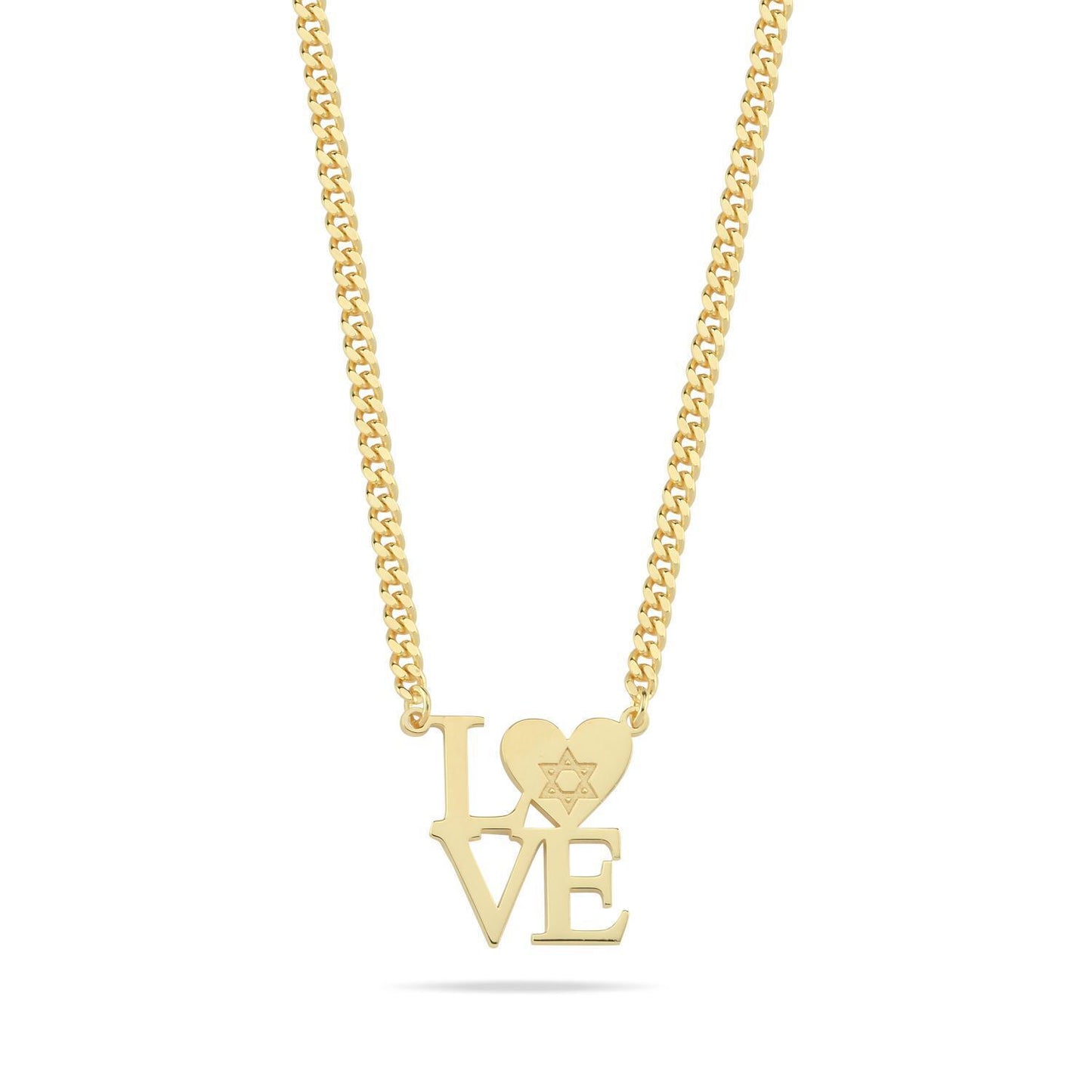 Gold plated necklace with heart and Star of David pendant on heavy cable chain by Alef Bet