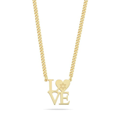 Gold plated necklace with heart and Star of David pendant on heavy cable chain by Alef Bet