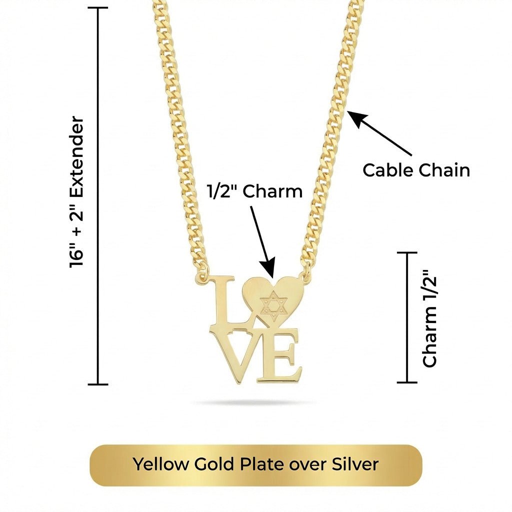 Gold Plated English "LOVE" Necklace with Heart & Star of David | Statement Pendant on Heavy Cable Chain