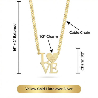 Gold Plated English "LOVE" Necklace with Heart & Star of David | Statement Pendant on Heavy Cable Chain