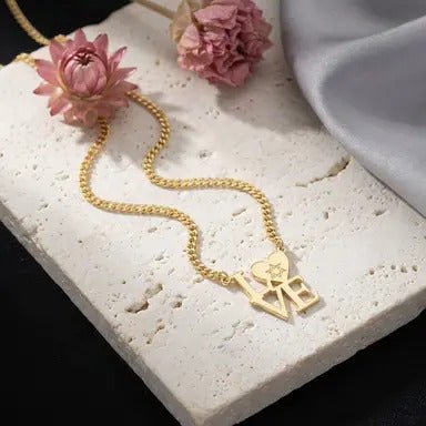 Gold Plated English "LOVE" Necklace with Heart & Star of David | Statement Pendant on Heavy Cable Chain