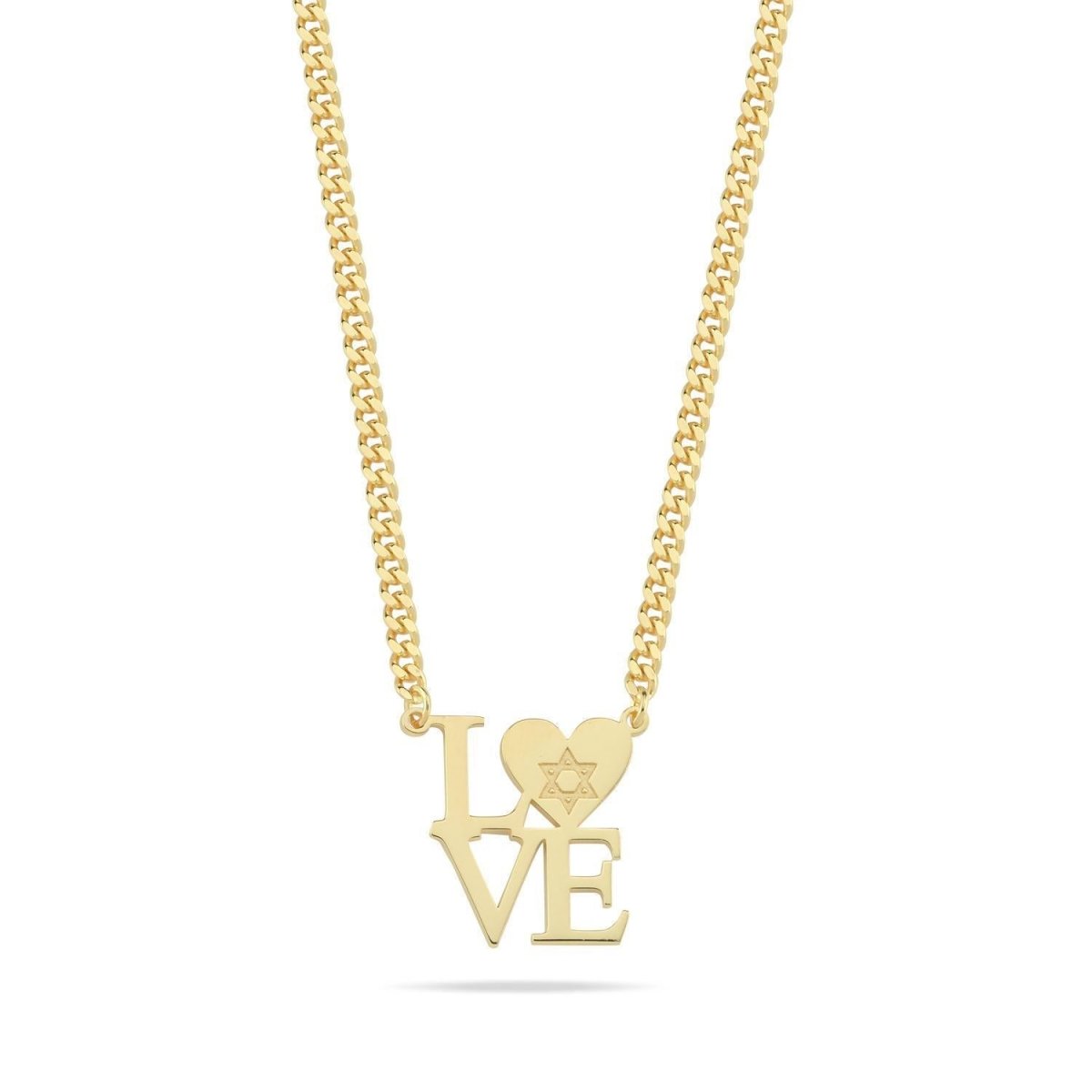 Gold Plated English "LOVE" Necklace with Heart & Star of David | Statement Pendant on Heavy Cable Chain