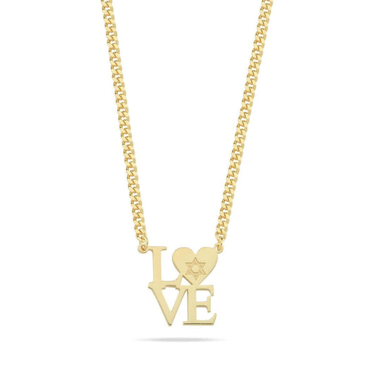 Gold Plated English "LOVE" Necklace with Heart & Star of David | Statement Pendant on Heavy Cable Chain