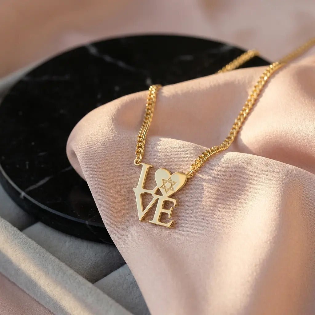 Gold Plated English "LOVE" Necklace with Heart & Star of David | Statement Pendant on Heavy Cable Chain