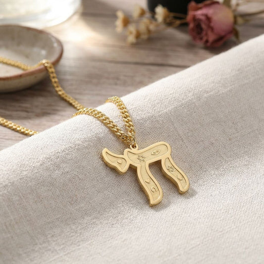 Gold Hebrew Chai Necklace with Engraved Symbols | Heavy Chain | Alef Bet by Paula