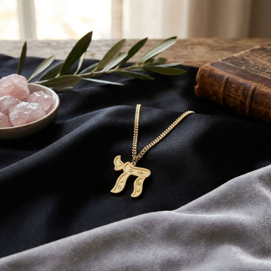Gold Hebrew Chai Necklace with Engraved Symbols | Heavy Chain | Alef Bet by Paula