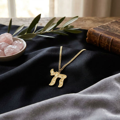 Gold Hebrew Chai Necklace with Engraved Symbols | Heavy Chain | Alef Bet by Paula