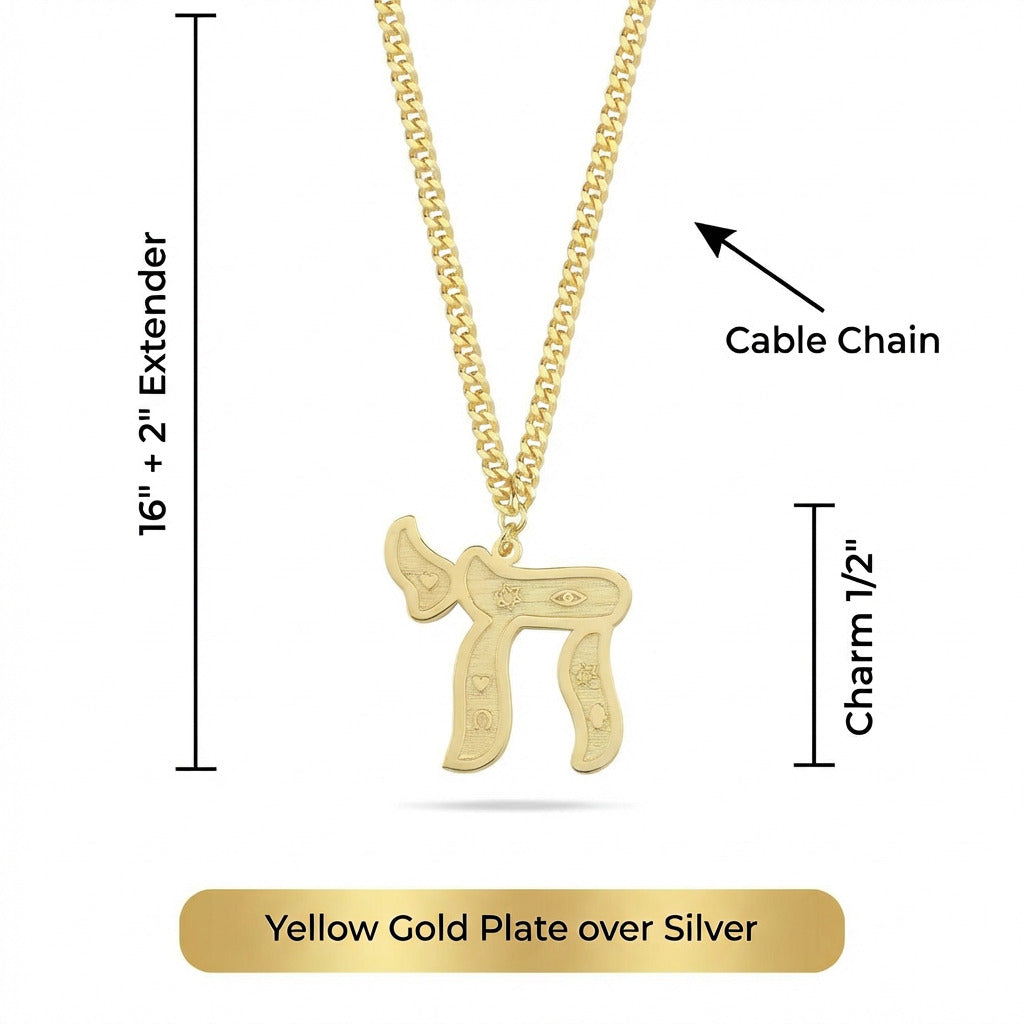 Gold Hebrew Chai Necklace with Engraved Symbols | Heavy Chain | Alef Bet by Paula