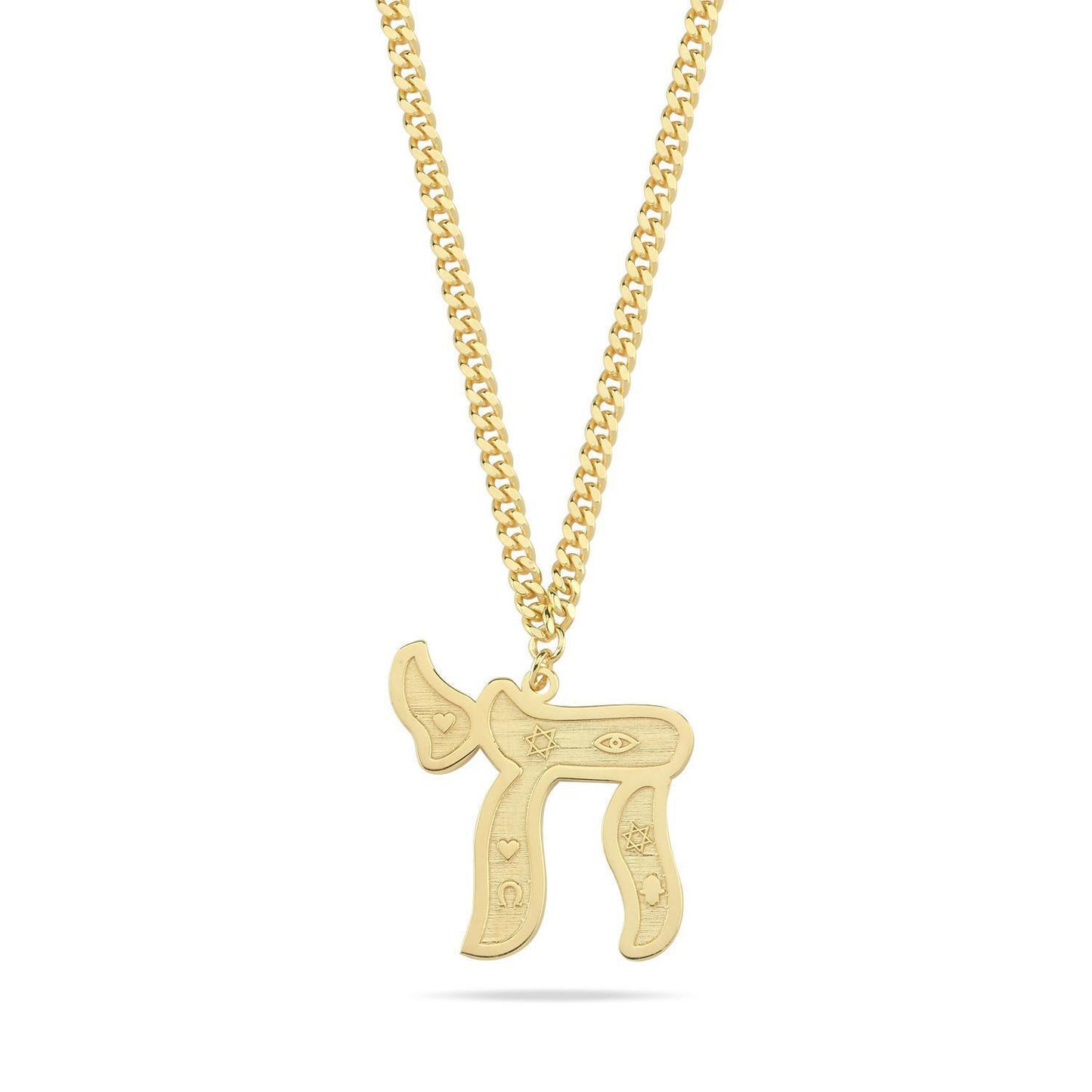Gold plated Chai pendant featuring detailed symbol engraving and sturdy cable chain by Alef Bet