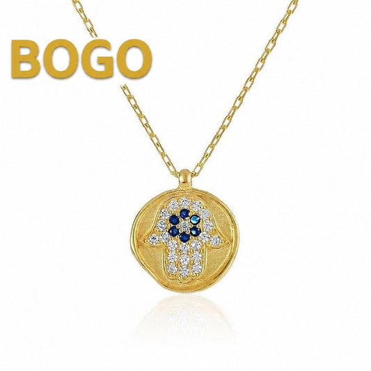 Golden Hamsa Necklace with Evil Eye in the Center | 14k Gold Plated Sterling Silver