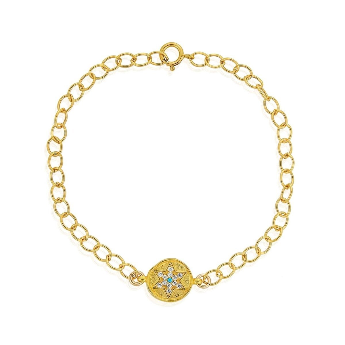 Golden Jewish Star Bracelet in 14k Gold Plated Sterling Silver with CZ