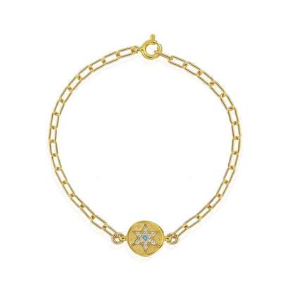 Golden Jewish Star Bracelet in 14k Gold Plated Sterling Silver with CZ