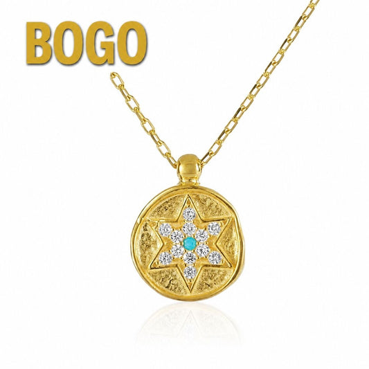 Golden Jewish Star Necklace in 14k Gold Plated Sterling Silver with CZ