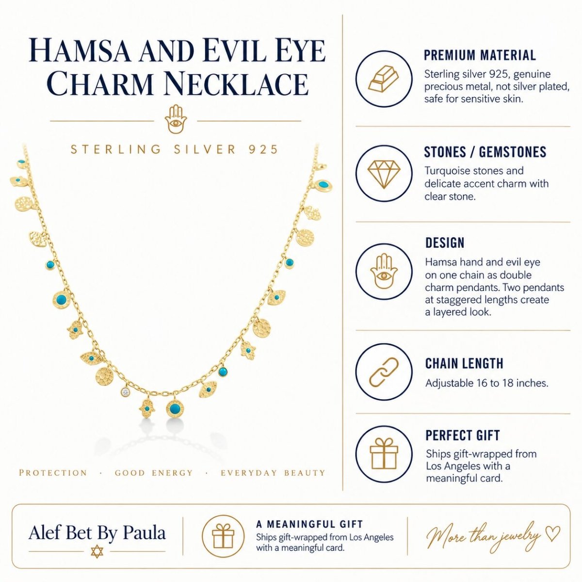 Hamsa and Evil Eye Double Charm Necklace in Sterling Silver 925, the classic protection duo worn close every day