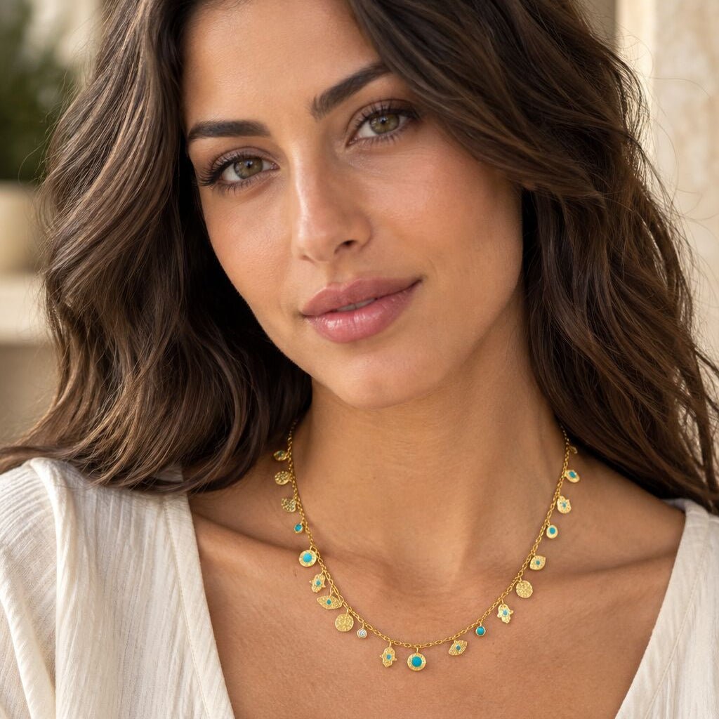 Hamsa and Evil Eye Double Charm Necklace in Sterling Silver 925, the classic protection duo worn close every day
