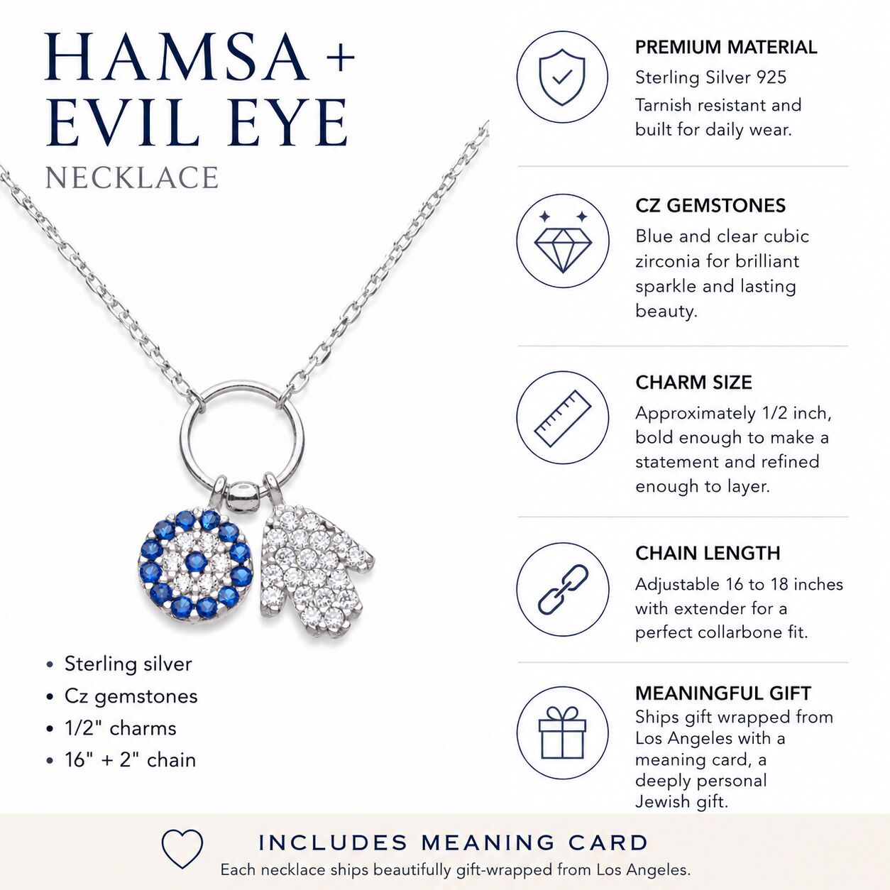 Dual pendant hamsa and evil eye necklace in polished sterling silver protection charm by Alef Bet