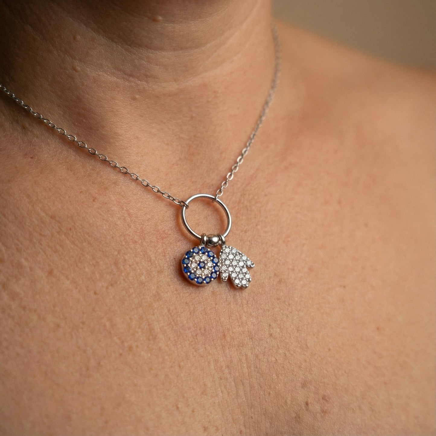 Dual pendant hamsa and evil eye necklace in polished sterling silver protection charm by Alef Bet