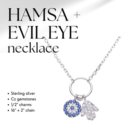 Hamsa and Evil Eye Necklace Combo in Sterling Silver