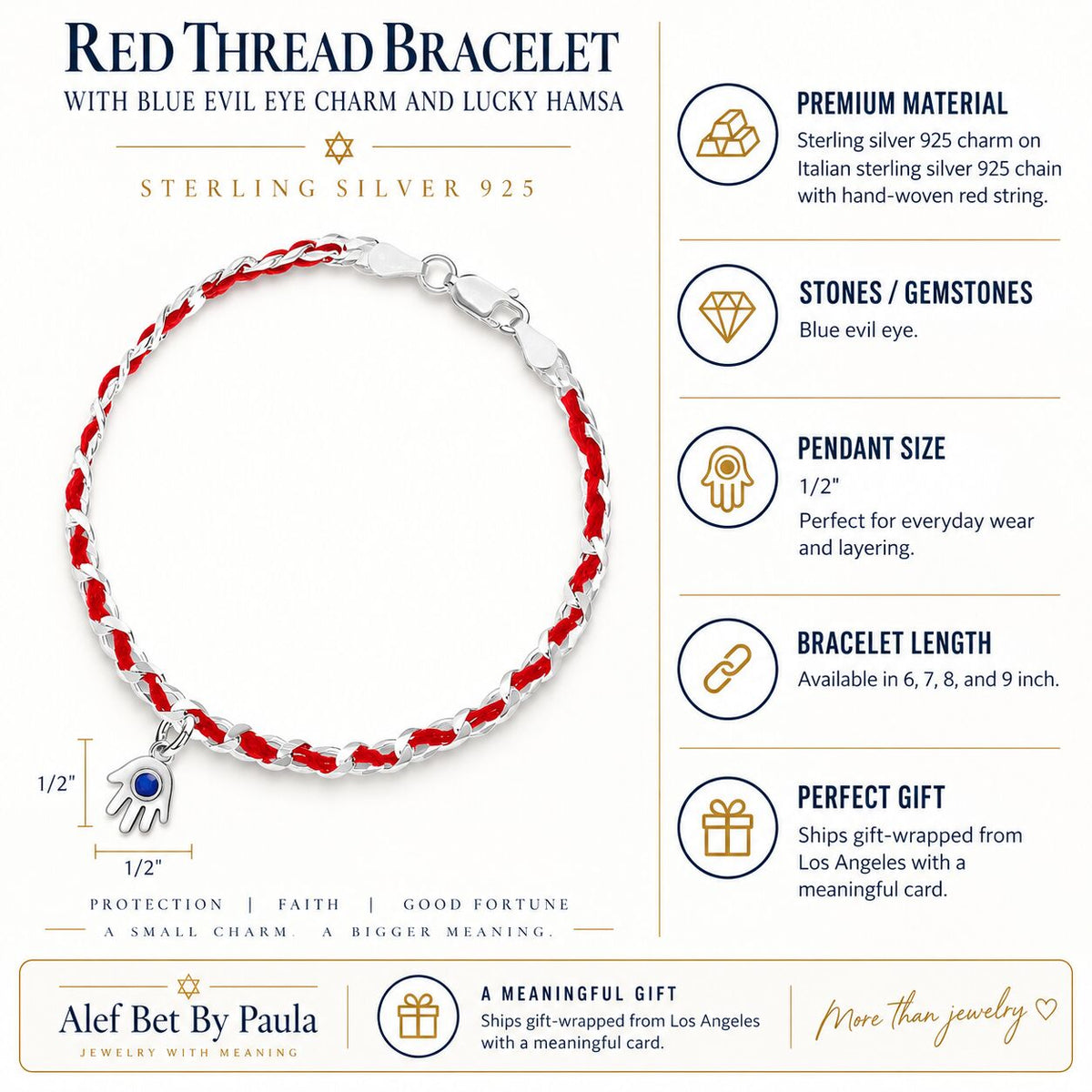 A handcrafted double amulet bracelet featuring a lucky hamsa charm and red string of fate for daily protection and good wishes.