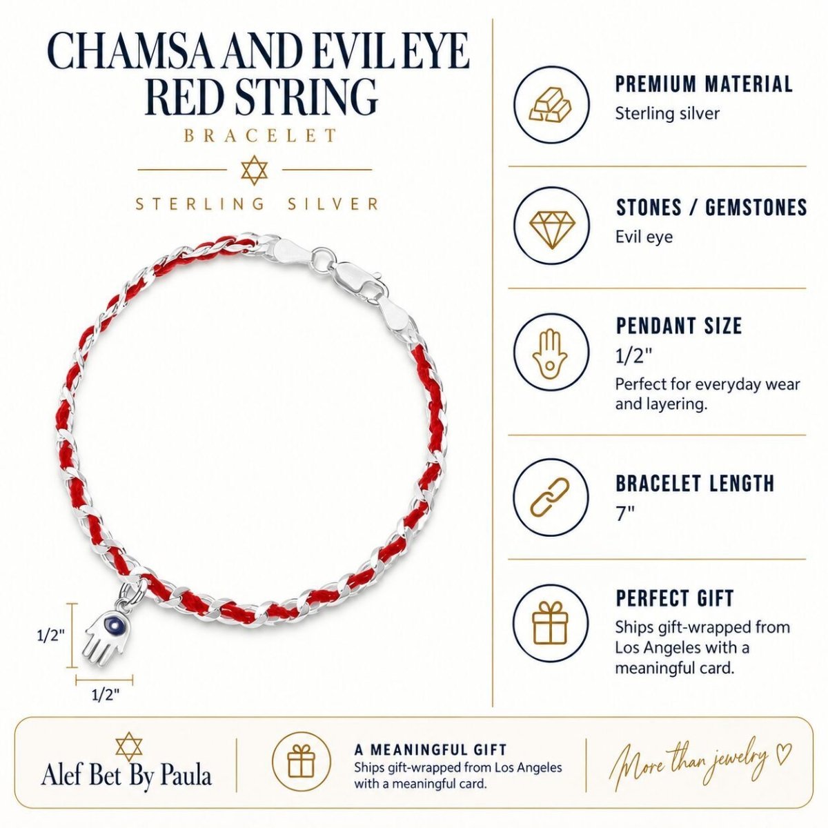 Hamsa and Evil Eye Red String Bracelet in Sterling Silver 925, protection and good luck you can wear every day