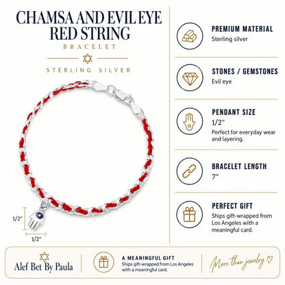 Hamsa and Evil Eye Red String Bracelet in Sterling Silver 925, protection and good luck you can wear every day
