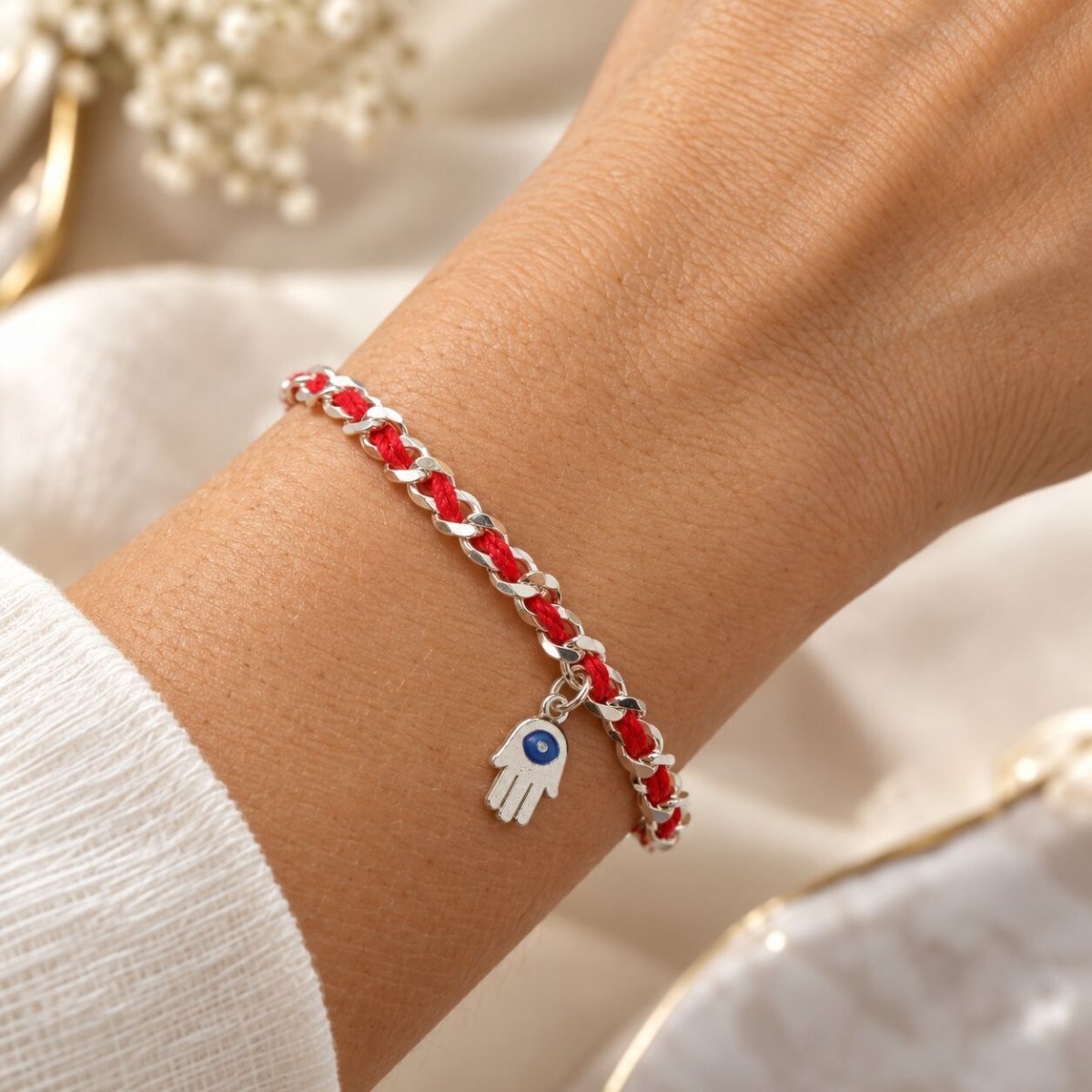 Hamsa and Evil Eye Red String Bracelet in Sterling Silver 925, protection and good luck you can wear every day