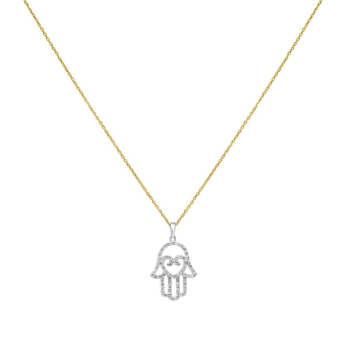 Hamsa and Heart Diamond Necklace in 14k Gold featuring .18ct diamonds and an 18" white gold chain, blending protection and love.