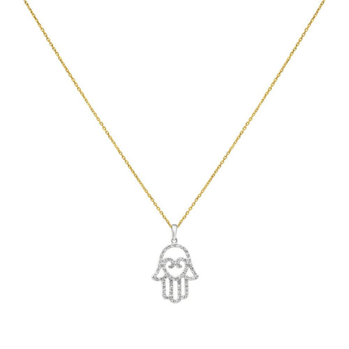 Hamsa and Heart Diamond Necklace in 14k Gold featuring .18ct diamonds and an 18" white gold chain, blending protection and love.