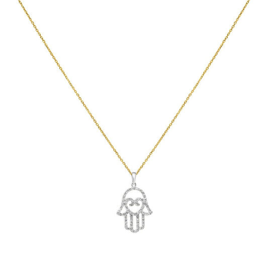 Hamsa and Heart Diamond Necklace in 14k Gold featuring .18ct diamonds and an 18" white gold chain, blending protection and love.