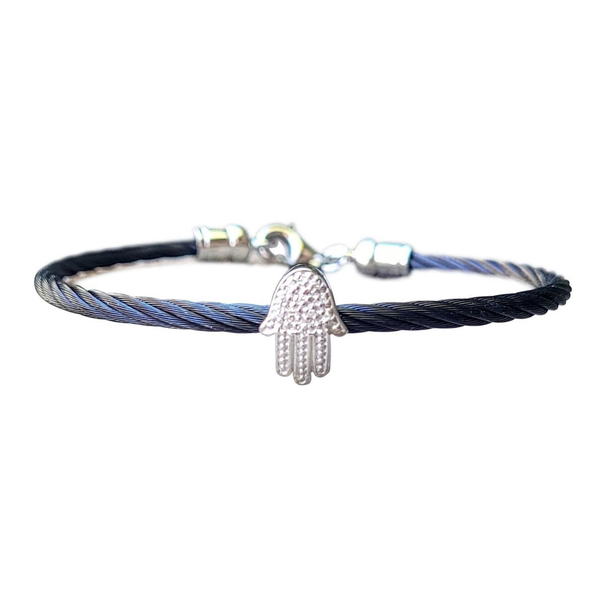 Hamsa Bangle Bracelet in Sterling Silver 925 with Diamonds, four colors to wear alone or stacked