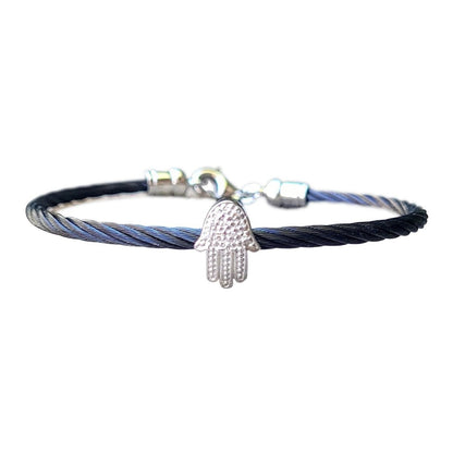 Hamsa Bangle Bracelet in Sterling Silver 925 with Diamonds, four colors to wear alone or stacked