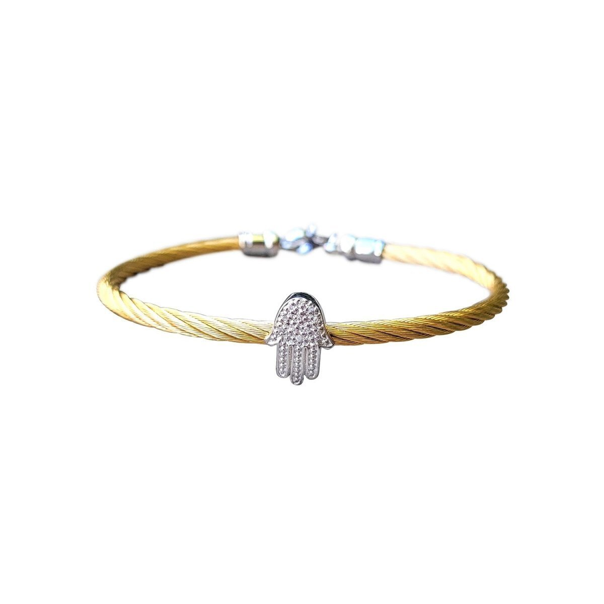 Hamsa Bangle Bracelet in Sterling Silver 925 with Diamonds, four colors to wear alone or stacked