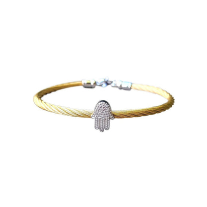 Hamsa Bangle Bracelet in Sterling Silver 925 with Diamonds, four colors to wear alone or stacked