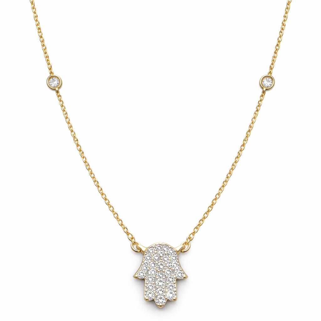 Hamsa diamond station necklace in 14k gold with bezel-set diamonds by Alef Bet