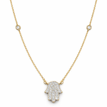 Hamsa diamond station necklace in 14k gold with bezel-set diamonds by Alef Bet