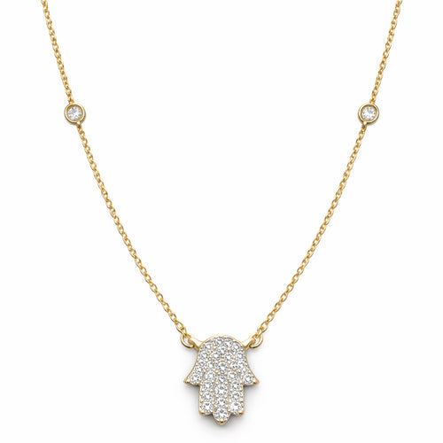 Hamsa diamond station necklace in 14k gold with bezel-set diamonds by Alef Bet
