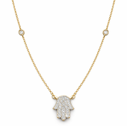 Hamsa diamond station necklace in 14k gold with bezel-set diamonds by Alef Bet