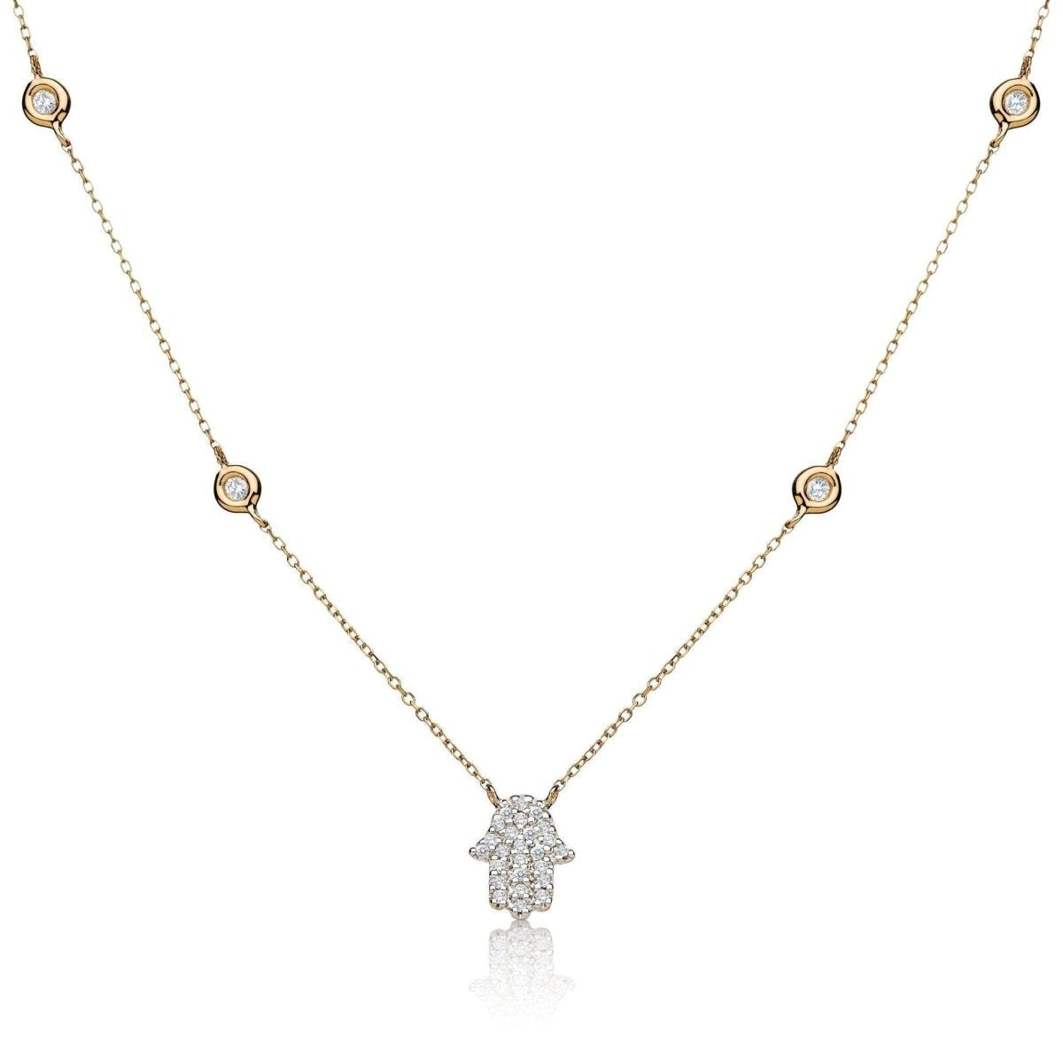 Hamsa necklace in 14k gold with bezel-set diamond stations by Alef Bet